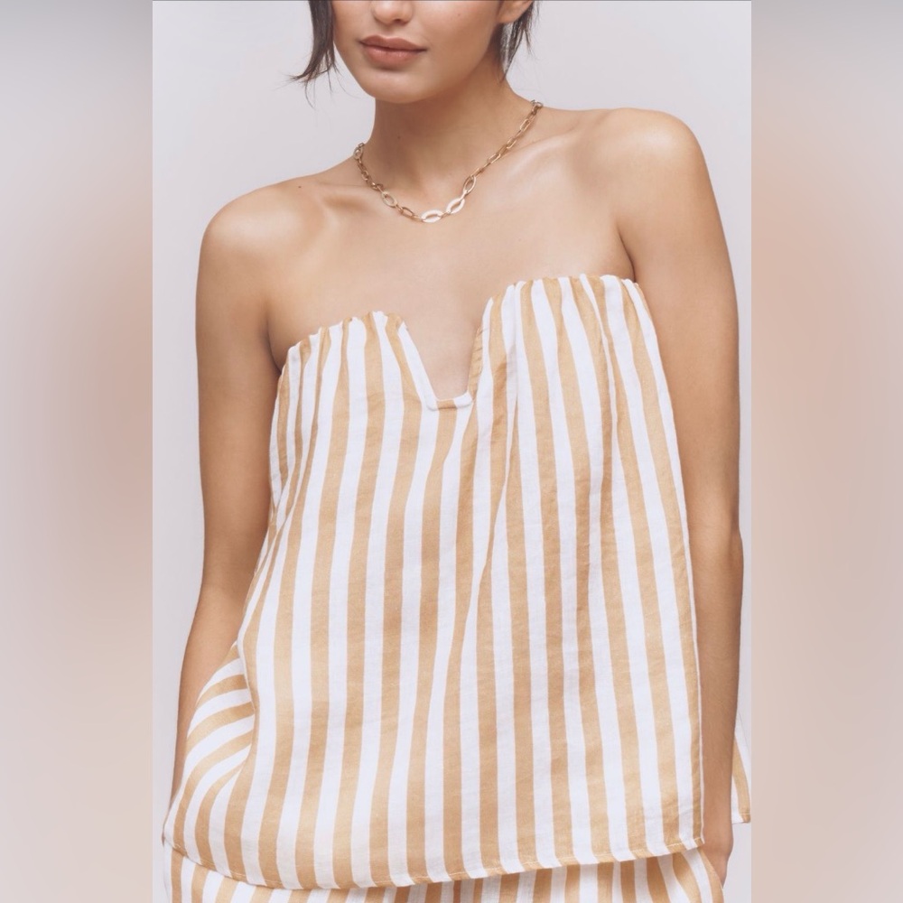 Anthropologie Striped Strapless Linen Blend Top in White and Tan